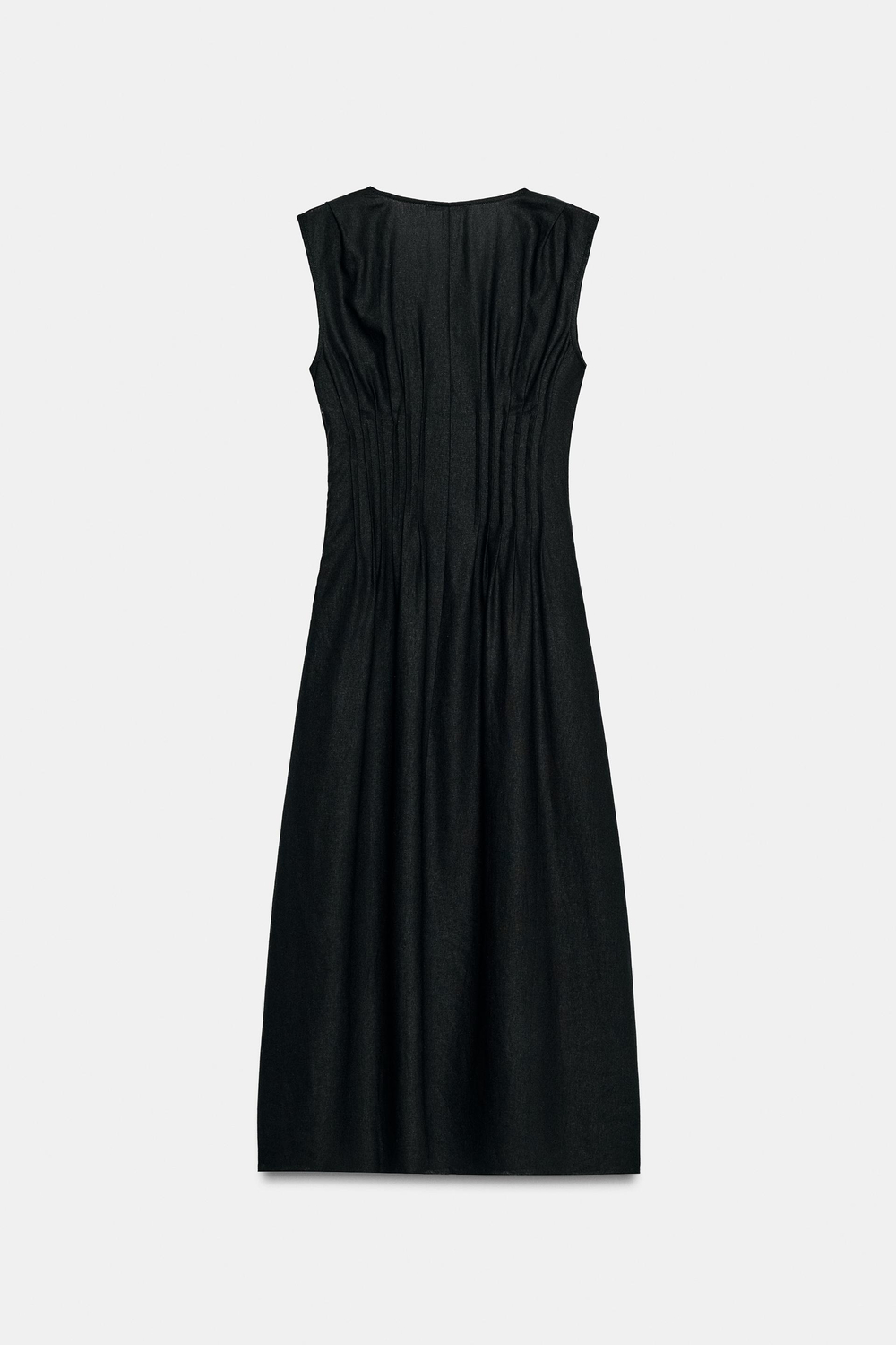 ZARA ЛЬНЯНОЕ ПЛАТЬЕ МИДИ С ДЕКОРАТИВНЫМИ ЗАЩИПАМИ, ЧЕРНЫЙ