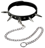 Чёрный кожаный ошейник с шипами и цепочкой (Цвет: черный)