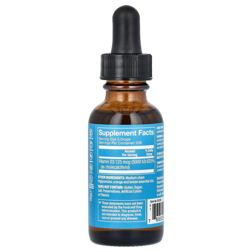 The Vitamin Shoppe, жидкий витамин D3, с цитрусовыми, 125 мкг (5000 МЕ), 30 мл (1 жидк. унция)