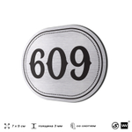 Номерок на дверь квартиры 609, для кабинета, офиса, шильдик 9 х 7 см, серебристый, Айдентика Технолоджи