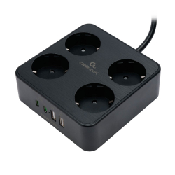 Сетевой фильтр Cablexpert Сетевой фильтр Plate PLT-4-C2U2-B-3 (4р, 10А, 2xType-C PD, 20Вт, 2xUSB, 3м, ур.защиты 4+) черный, коробка (22563)