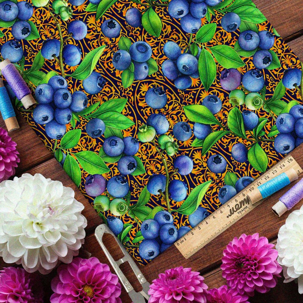 Ткань мембрана спелая черника хохломой на фоне