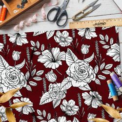 Ткань мембрана рисунок белых роз на бордовом фоне