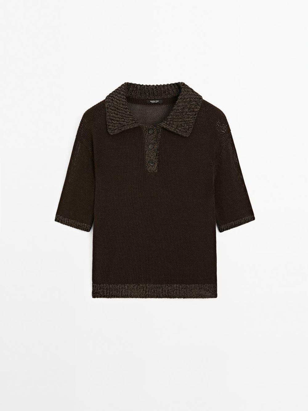 Massimo Dutti Свитер поло с контрастным воротником, шоколадный