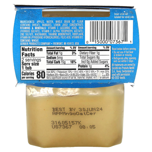 Gerber, Natural for Baby, Grain & Grow™, 2nd Foods®, овсяная каша с яблоком и манго, 2 пакетика по 113 г (4 унции)