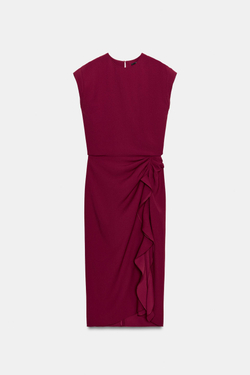 ZARA ПЛАТЬЕ МИДИ С ВОЛАНАМИ — ZW COLLECTION, БУРГУНДИ