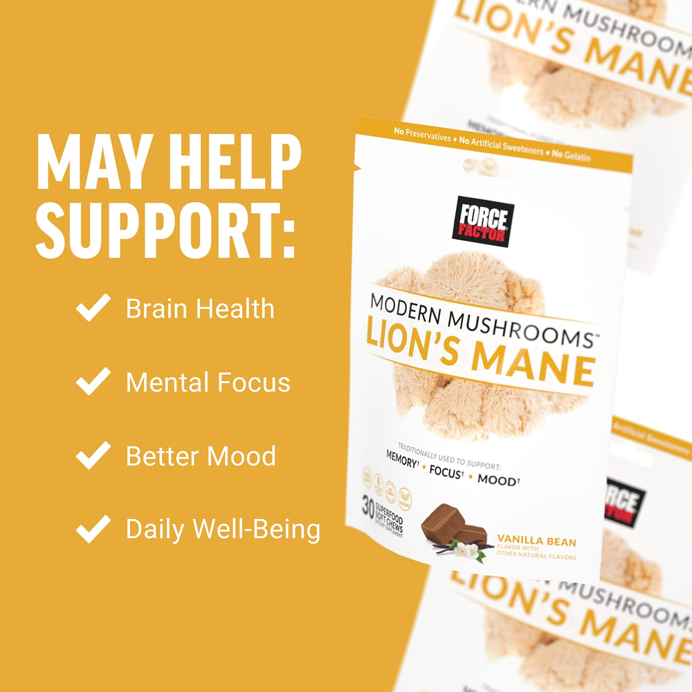 Force Factor, Modern Mushrooms ™, львиная грива, ваниль, 300 мг, 30 мягких жевательных таблеток