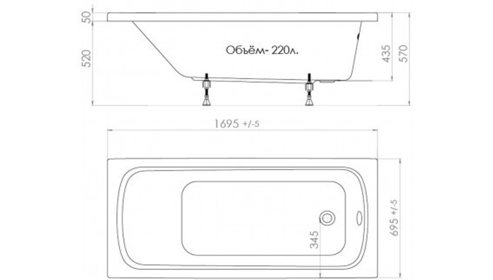 Ванна акриловая Triton 170х70х40см (глубина 40см) В комлекте ножки из стали