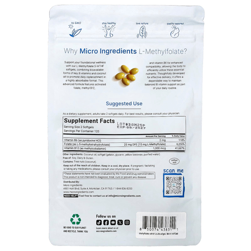 Micro Ingredients, L-метилфолат, 240 капсул