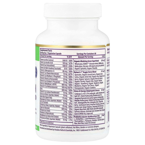 Paradise Herbs, Earth's Blend, ежедневные мультивитамины из суперпродуктов, без железа, 60 вегетарианских капсул