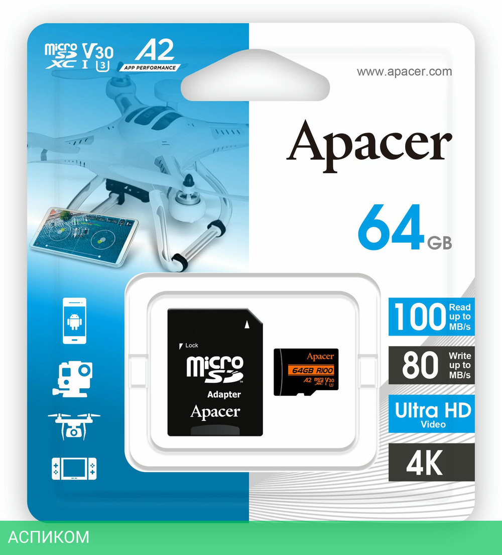 Карта памяти Apacer microSDXC 64GB с адаптером (AP64GMCSX10U8-R)