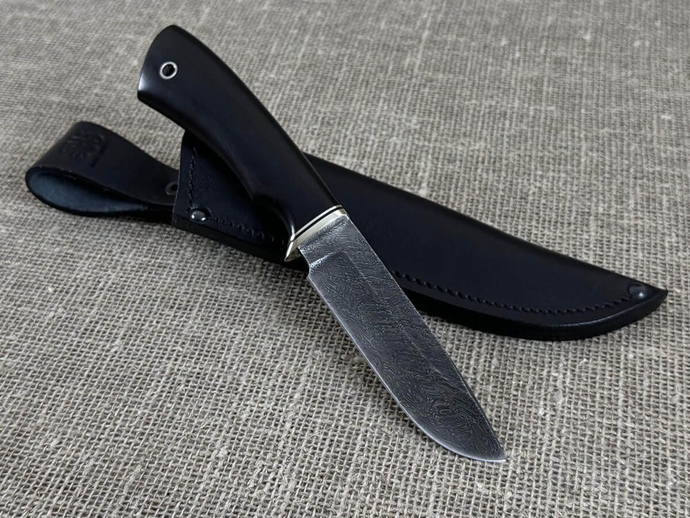 Нож "Ворон", дамасская сталь, рукоять черный граб мореный