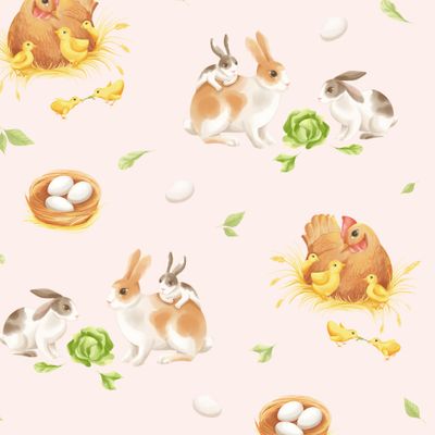 Курочки и кролики на розовом