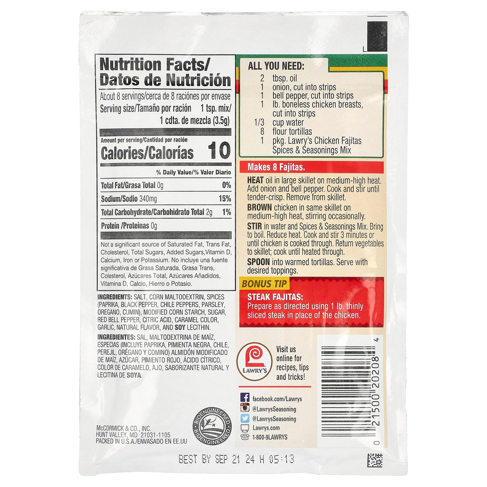 Lawry's, Куриная фахитас, смесь специй и приправ, 28,3 г (1 унция)