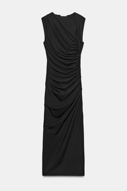 ZARA ПЛАТЬЕ МИДИ СО СБОРКАМИ, ЧЕРНЫЙ