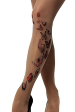 Чулки с принтом в виде бабочек на левой ножке (Размер: S-M-L) (Цвет: бежевый)