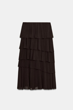 ZARA ЮБКА МИДИ С ВОЛАНАМИ, ТЕМНО-КОРИЧНЕВЫЙ