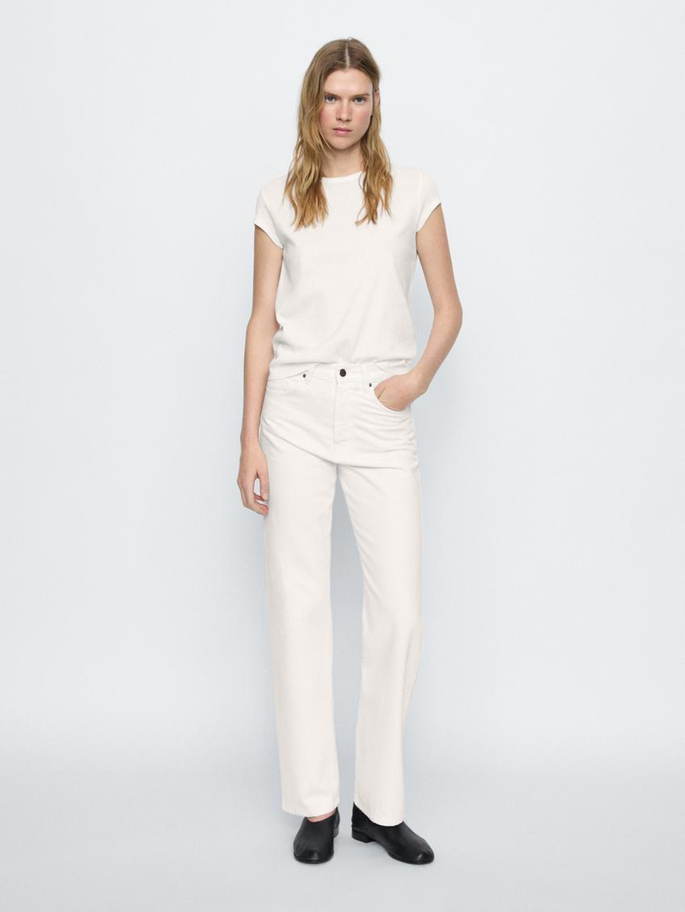 Massimo Dutti Джинсы прямого кроя из смесового хлопка с высокой посадкой, натуральный, кремовый