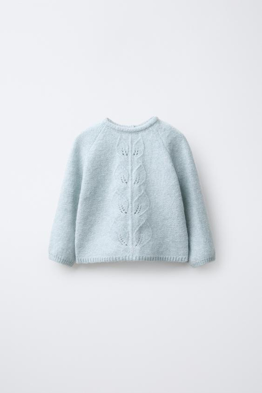 ZARA ДЖЕМПЕР ВЯЗАНЫЙ С ЛИСТЬЯМИ, ВОДЯНИСТО-ЗЕЛЕНЫЙ