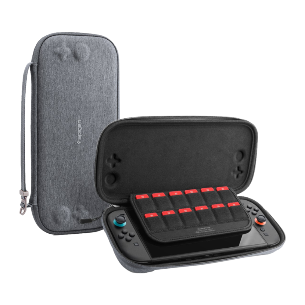Тканевый чехол-органайзер Spigen Klasden Pouch Renewed для Nintendo Switch 2 Гибридный чехол с ручкой и застёжками-молниями YKK. Вмещает до десяти картриджей с играми. Есть кармашек для Apple AirTag