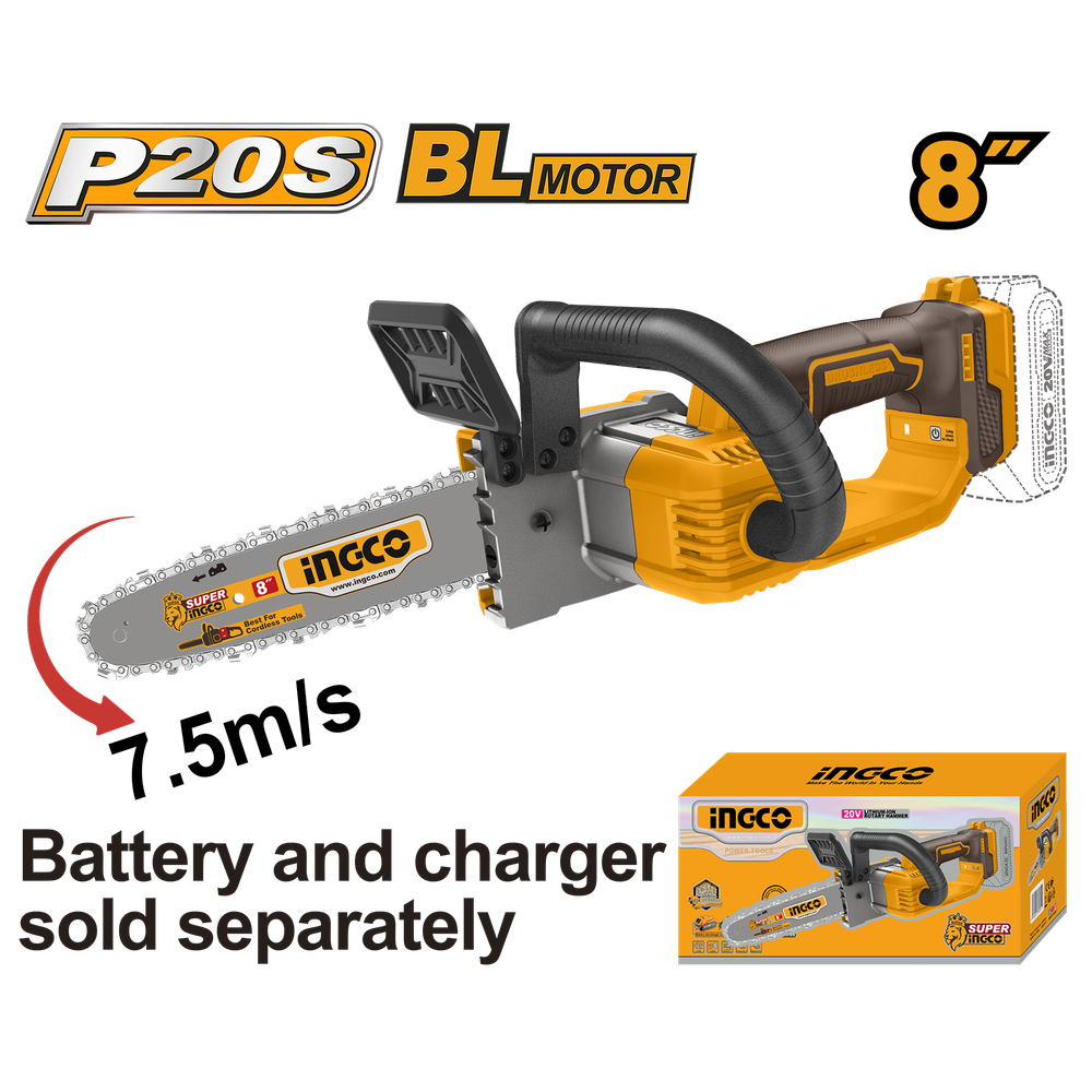 Пила цепная аккумуляторная б/щ Li-Ion 20В, 200 мм INGCO CGSLI2085