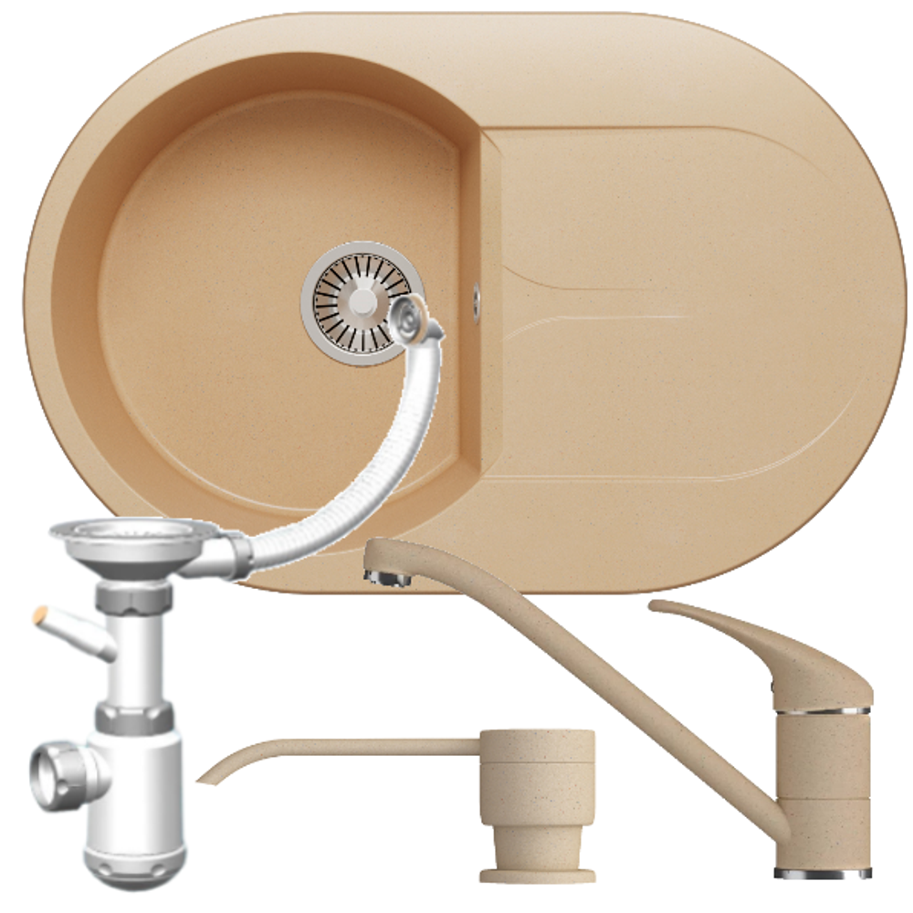 Мойка POLYGRAN ATOL-760 бежевый №27, смеситель НИЗКИЙ КРАН ЭКО бежевый