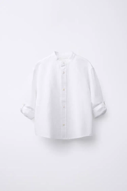 ZARA РУБАШКА ИЗ СМЕСОВОГО ЛЬНА С ВОРОТНИКОМ-СТОЙКОЙ, БЕЛЫЙ