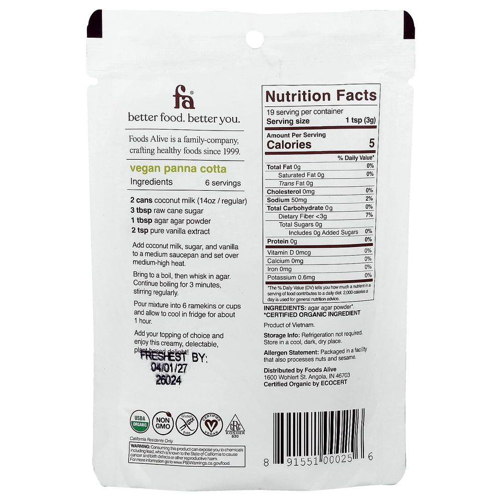 Foods Alive, агар-агар в порошке, 56 г (2 унции)