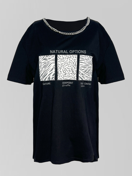 Футболка Archie 6688 удлиненная с цепочкой и надписью Natural Options однотонная