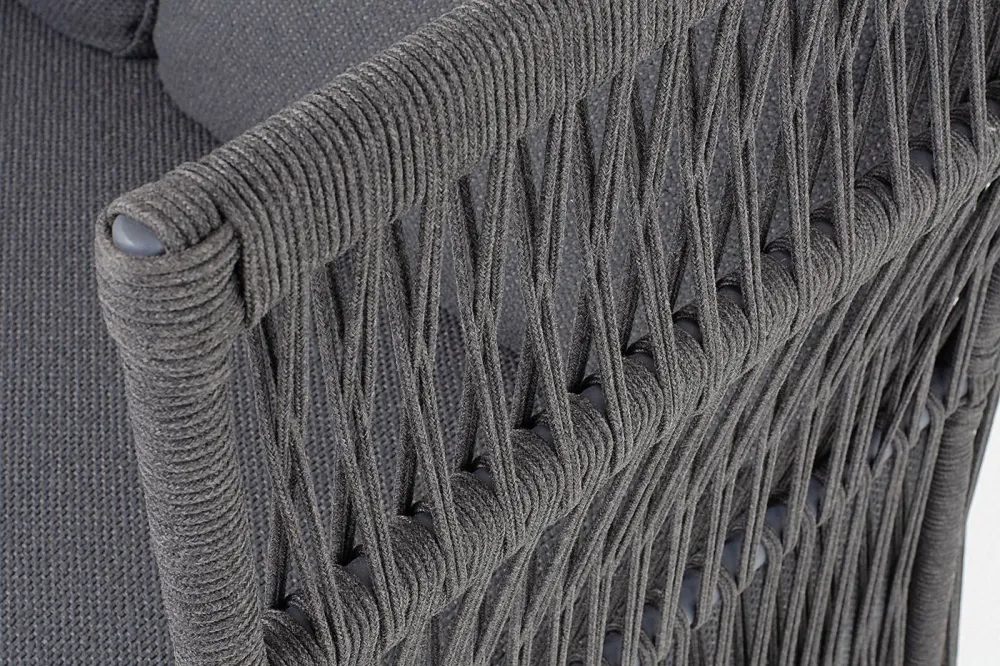 "Лугано" диван 3-местный плетеный из роупа, каркас алюминий темно-серый (RAL7024) муар, роуп темно-серый круглый, ткань темно-серая YB25-0027