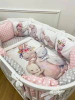 Комплект в кроватку 18 предметов "Семейные кролики", серый сатин