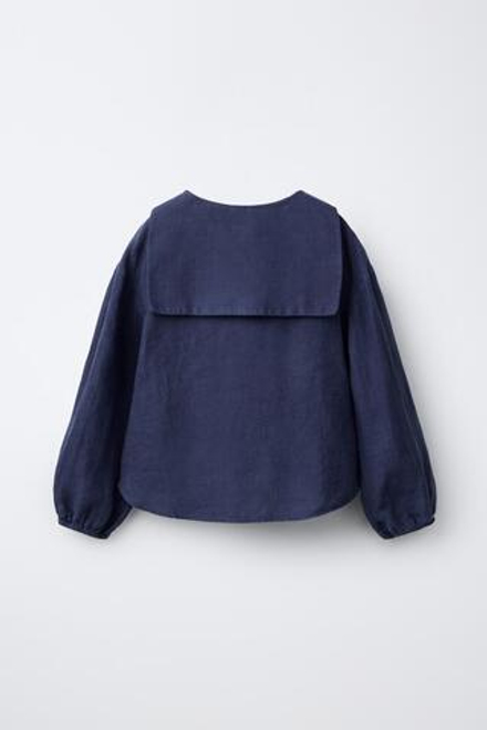 ZARA РУБАШКА С КРУГЛЫМ ВОРОТНИКОМ ИЗ 100% ЛЬНА, СИНИЙ