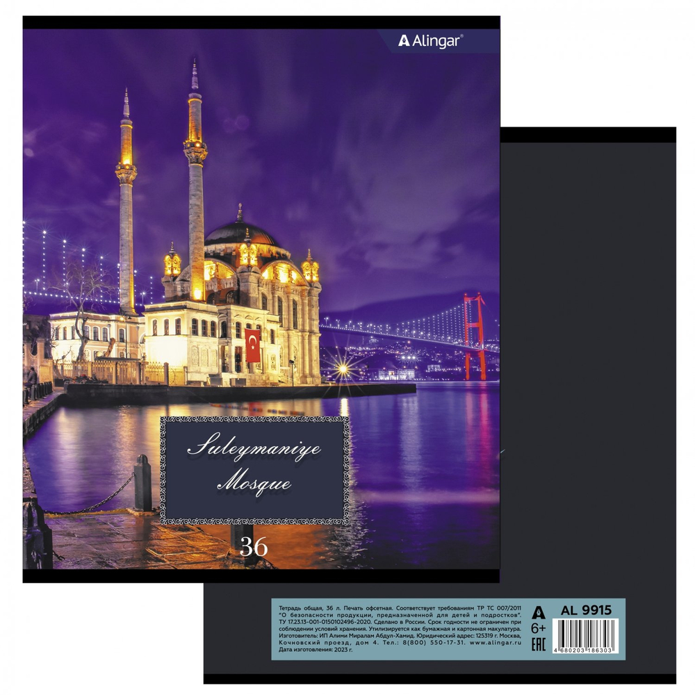 Тетрадь 36 л., А5, клетка, Alingar "Мечеть", скрепка, второй блок 60г/м2, мелованный картон (стандарт), 4 дизайна в пленке т/у