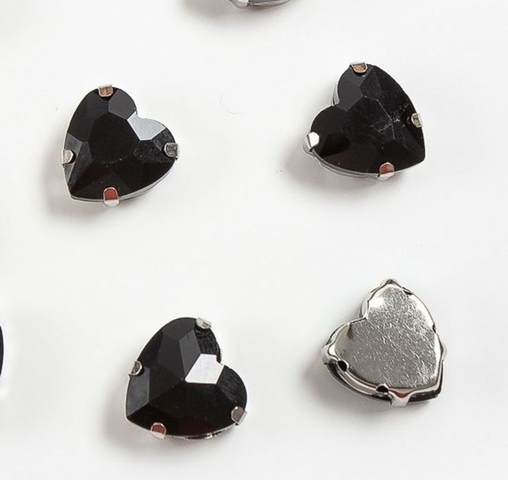 Стразы пришивные стекло в оправе "Сердечко", р. 12 мм, чёрный