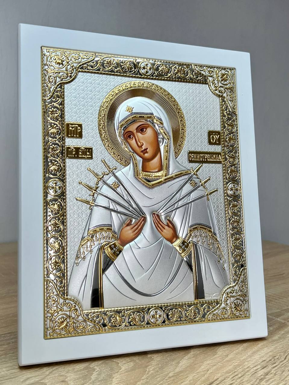 Семистрельная БМ, икона прямоугольная с рамкой, белое дерево 150х190