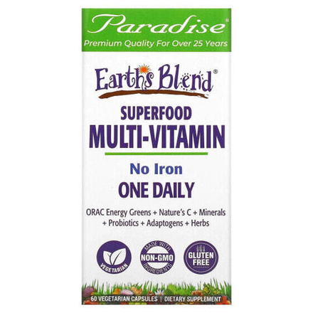 Витаминно-минеральные комплексы Paradise Herbs, Earth's Blend, ежедневные мультивитамины из суперпродуктов, без железа, 60 вегетарианских капсул