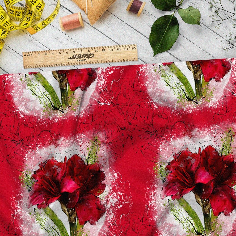 Ткань таффета цветы красные лилии