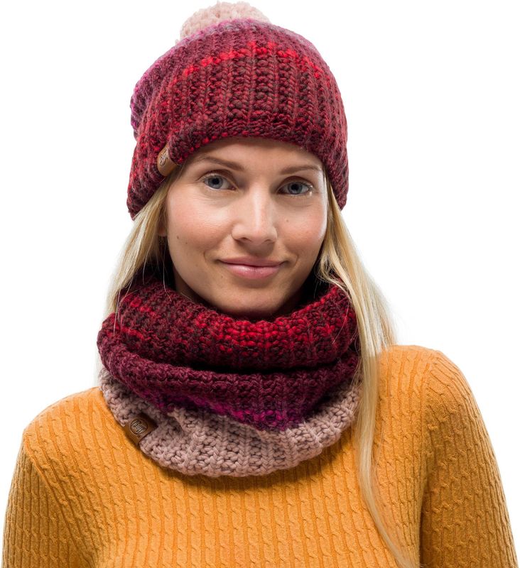 Комплект шапка шарф вязаный с флисом Buff Alina Maroon Фото 1