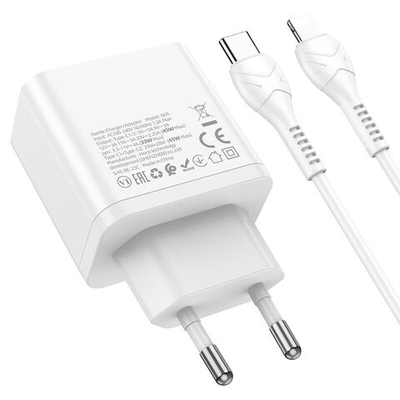 Сетевое зарядное устройство Hoco (N35) Streamer 2хType-C PD 45W + кабель Type-C/Lightning 1m (белый)