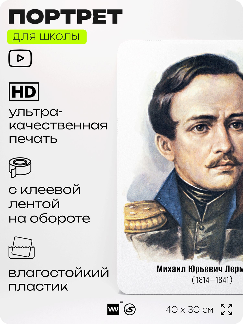 Портрет для школы в кабинет литературы и русского языка "Лермонтов Михаил Юрьевич", стенд школьный для класса, для оформления классного уголка, 40х30 см, Silver Plane x Айдентика Технолоджи