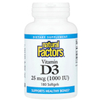 Natural Factors, витамин D3, 25 мкг (1000 МЕ), 180 капсул