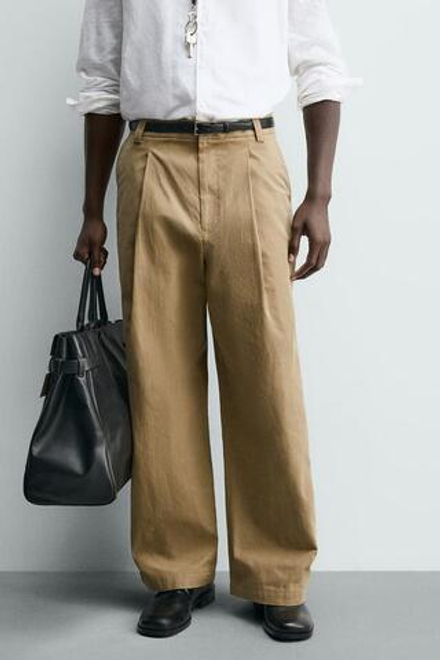 ZARA БРЮКИ BARREL FIT СО СКЛАДКАМИ, БЕЖЕВЫЙ