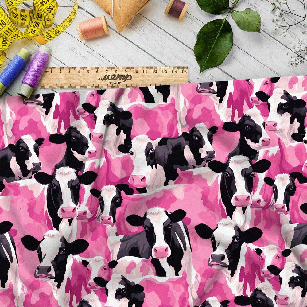 Ткань премиум шелк искусственный Армани коллаж из розовых коров