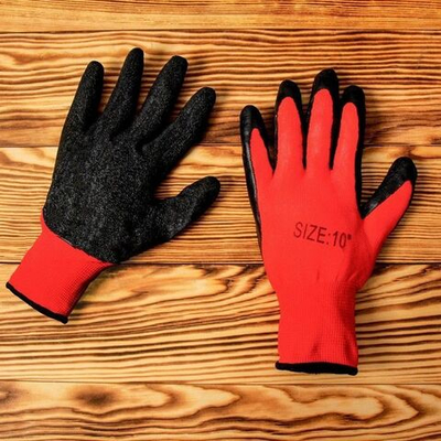 Черно-красные нейлоновые перчатки с резиновым обливом (размер 10) (Цвет: черный с красным)