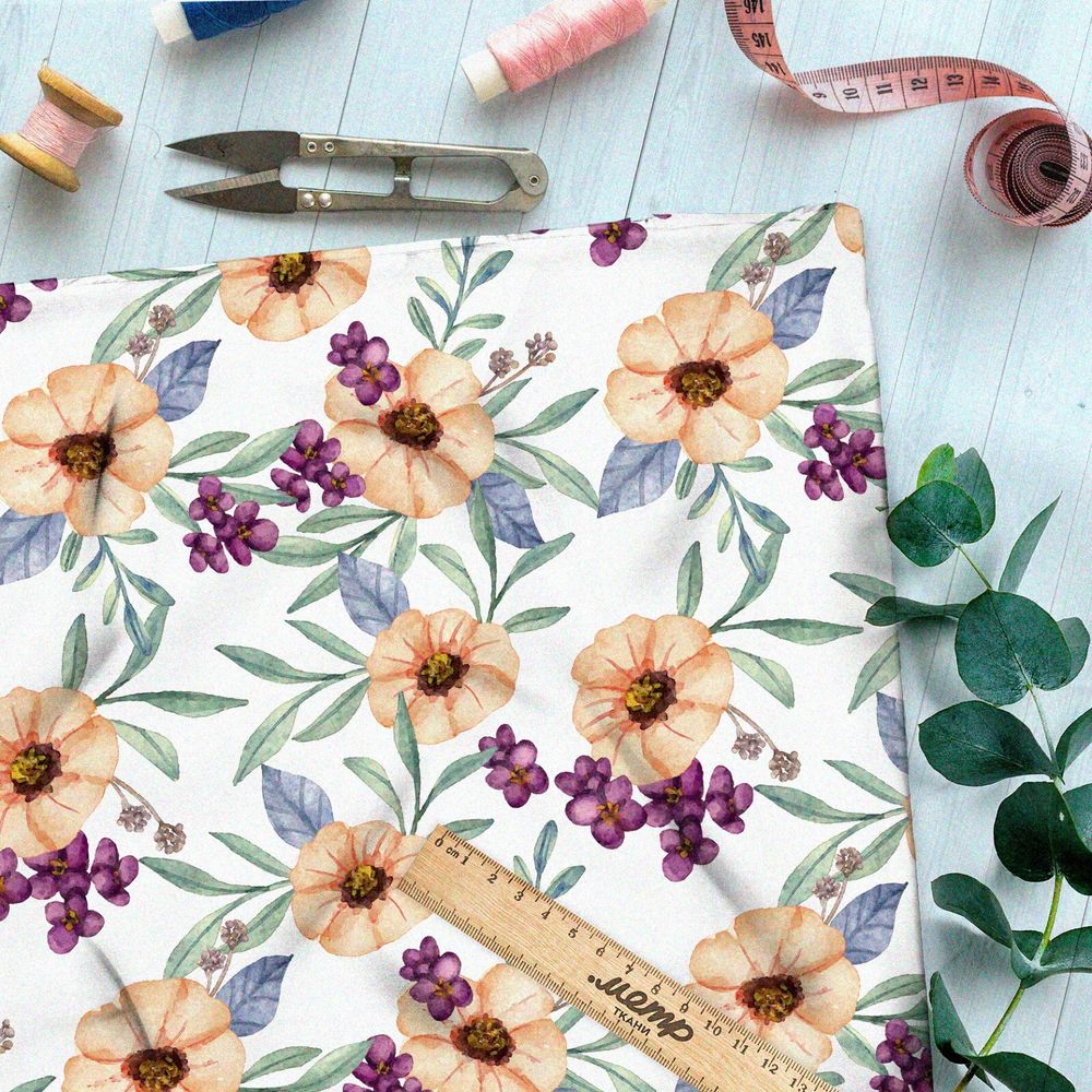 Ткань шелк Армани мягкие цветы на белом фоне