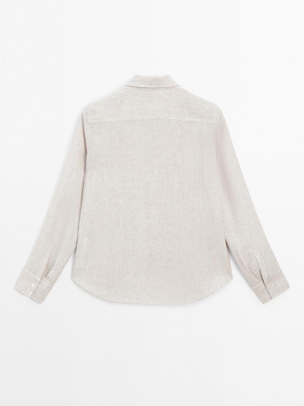 Massimo Dutti Рубашка из струящегося льна в тонкую полоску, коричневый