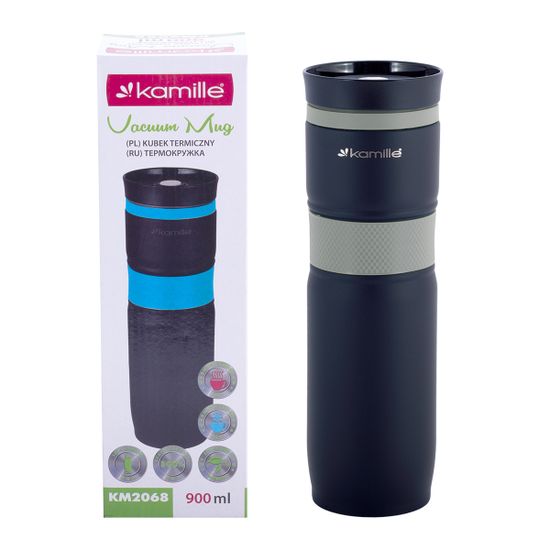 Термокружка 900 мл. из нержавеющей стали Kamille KM-2068 с TPR-вставкой