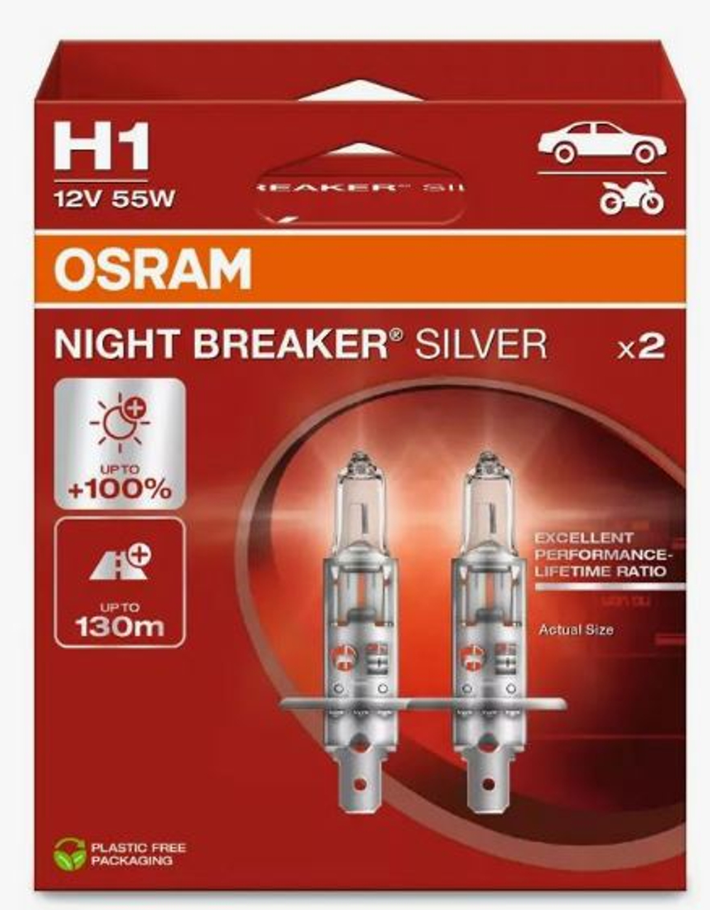 Автолампа H1 12V 55W (P14,5s) Osram +100% NIGHT BREAKER SILVER (64150NBS-2HB) (карт уп) к-т ORIGINAL