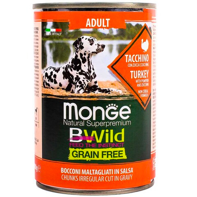 Monge Dog Bwild 400 г (индейка с тыквой и кабачками) - беззерновые консервы для взрослых собак всех пород