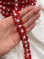 Тесьма красная с жемчугом 17 мм